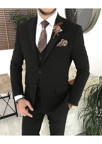 Italyan Stil Slim Fit Erkek Ceket Yelek Pantolon Takım Elbise Kahverengi T8073