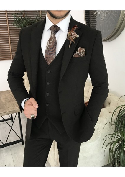 Italyan Stil Slim Fit Erkek Ceket Yelek Pantolon Takım Elbise Kahverengi T8073 fiyatları