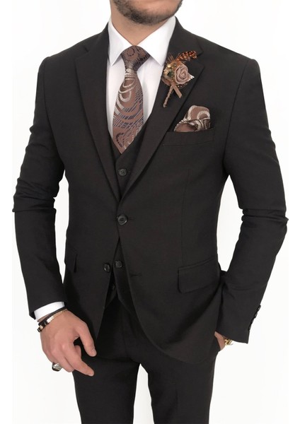 Italyan Stil Slim Fit Erkek Ceket Yelek Pantolon Takım Elbise Kahverengi T8073 fırsatları