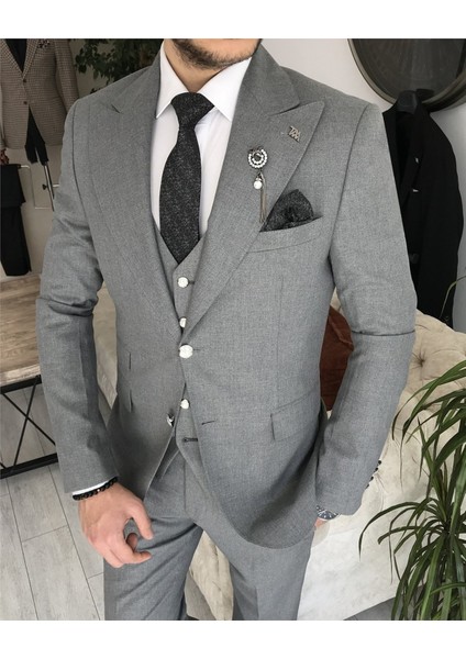 Italyan Stil Slim Fit Ceket Yelek Pantolon Takım Elbise Siyah T8355