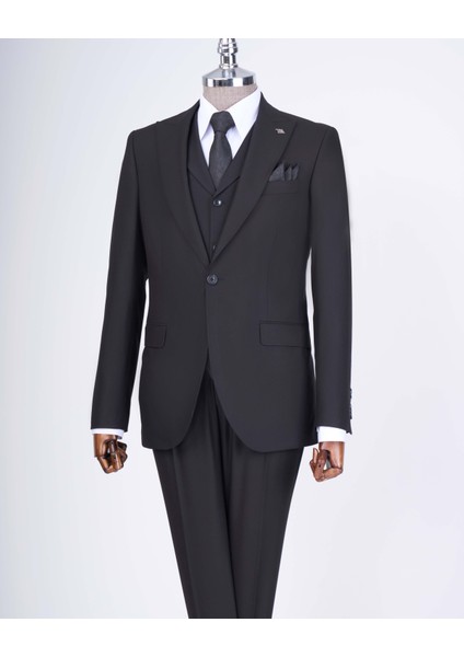 Italyan Stil Slim Fit Erkek Ceket Yelek Pantolon Takım Elbise Siyah T9024