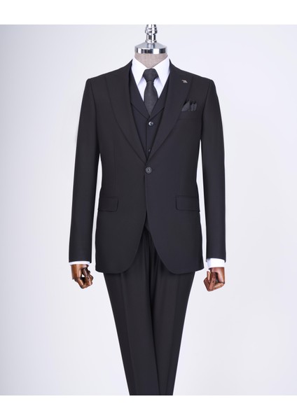 Italyan Stil Slim Fit Erkek Ceket Yelek Pantolon Takım Elbise Siyah T9024 indirimleri