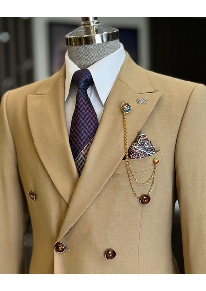 Italyan Stil Kruvaze Ceket Pantolon Takım Elbise Camel T9106 fiyatları