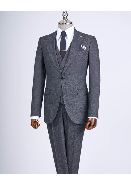 Italyan Stil Slim Fit Erkek Ceket Yelek Pantolon Takım Elbise Siyah T9122