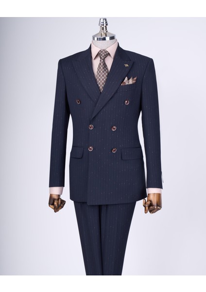 Italyan Stil Slim Fit Çizgili Kruvaze Ceket Pantolon Takım Elbise Lacivert T9501