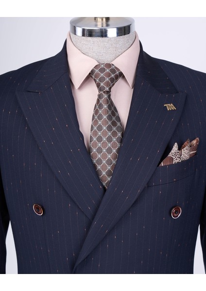 Italyan Stil Slim Fit Çizgili Kruvaze Ceket Pantolon Takım Elbise Lacivert T9501 fiyatları