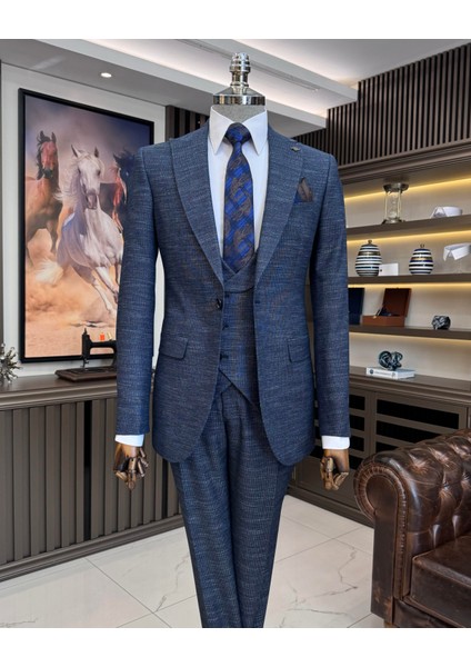 Italyan Stil Slim Fit Ceket Yelek Pantolon Takım Elbise Lacivert T10865 indirimleri