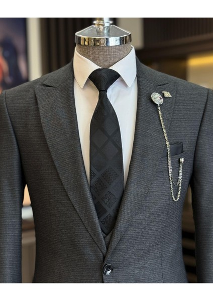 Italyan Stil Slim Fit Erkek Ceket Yelek Pantolon Takım Elbise Siyah T11028 fiyatları