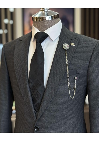 Italyan Stil Slim Fit Erkek Ceket Yelek Pantolon Takım Elbise Siyah T11028 fırsatları