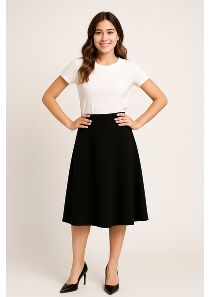 Siyah Midi Boy Beli Lastikli Etek