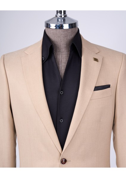 İtalyan stil slim fit mono yaka ceket pantolon takım elbise camel T11545 fiyatları