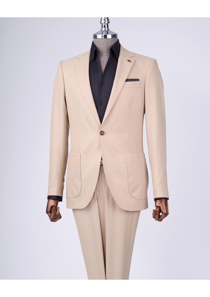 İtalyan stil slim fit mono yaka ceket pantolon takım elbise camel T11545 indirimleri