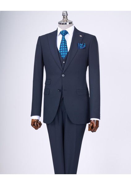 Italyan Stil Slim Fit Ceket Yelek Pantolon Takım Elbise Lacivert T11393
