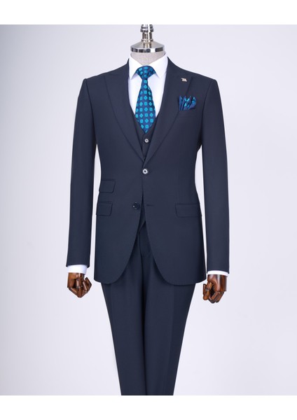 Italyan Stil Slim Fit Ceket Yelek Pantolon Takım Elbise Lacivert T11393 indirimleri