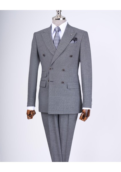 Italyan Stil Slim Fit Desenli Kruvaze Ceket Pantolon Takım Elbise Siyah T11693
