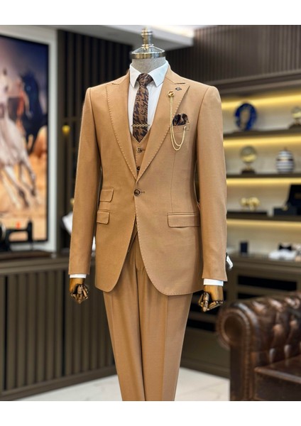 Italyan Stil Slim Fit Ceket Yelek Pantolon Takım Elbise Camel T11485