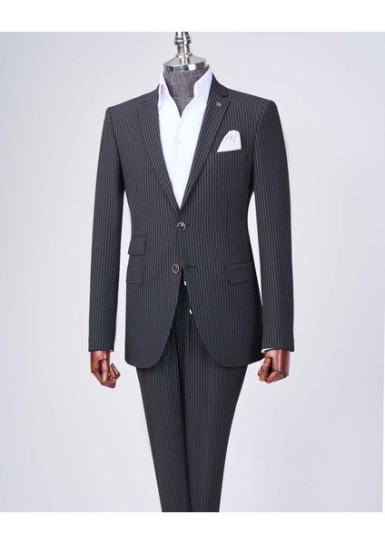 Italyan Stil Slim Fit Çizgili Ceket Beli Bağlamalı Pantolon Takım Elbise Siyah T11791