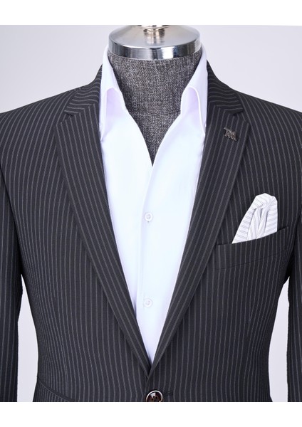 Italyan Stil Slim Fit Çizgili Ceket Beli Bağlamalı Pantolon Takım Elbise Siyah T11791 fiyatları
