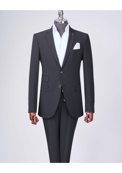Italyan Stil Slim Fit Çizgili Ceket Beli Bağlamalı Pantolon Takım Elbise Siyah T11791 modelleri