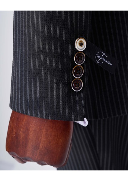 Italyan Stil Slim Fit Çizgili Ceket Beli Bağlamalı Pantolon Takım Elbise Siyah T11791 fırsatları