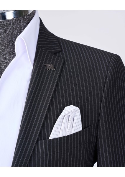 Italyan Stil Slim Fit Çizgili Ceket Beli Bağlamalı Pantolon Takım Elbise Siyah T11791 indirimleri