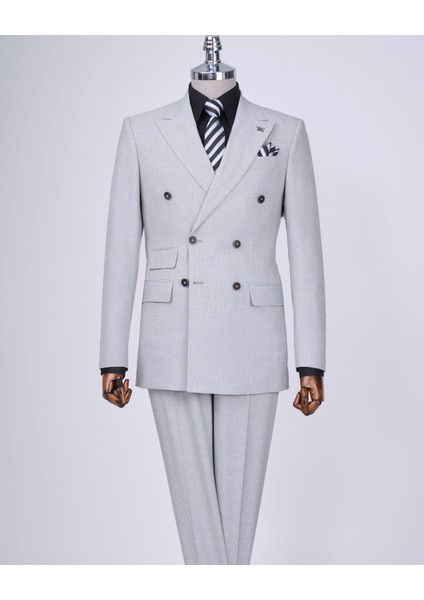 Italyan Stil Slim Fit Desenli Kruvaze Ceket Pantolon Takım Elbise Gri T11799