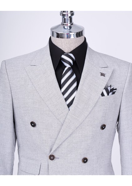Italyan Stil Slim Fit Desenli Kruvaze Ceket Pantolon Takım Elbise Gri T11799 fiyatları
