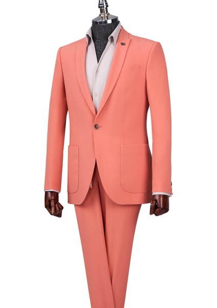 İtalyan Stil Slim Fit Ceket Pantolon Takım Elbise Kiremit T12515