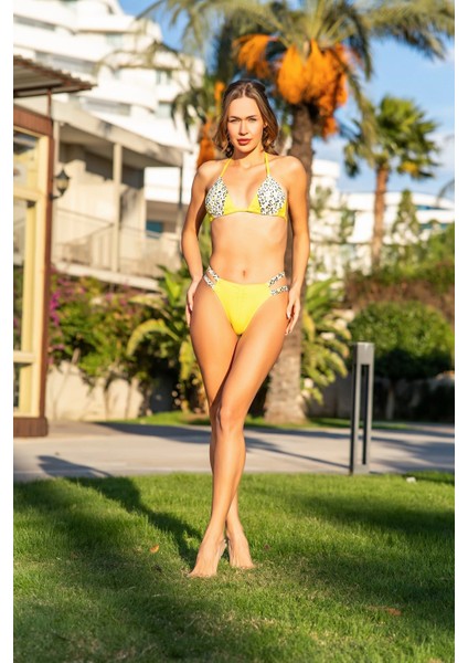 25113-2 Leopar Desenli Brezilya Kesim Lycra Kumaş Küçük Üçgen Bikini