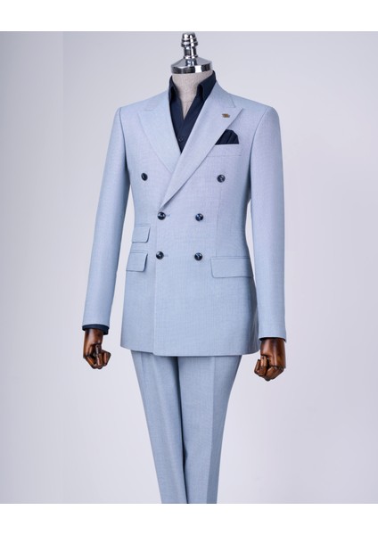 İtalyan Stil Slim Fit Erkek Kruvaze Ceket Pantolon Takım Elbise Mavi T12982