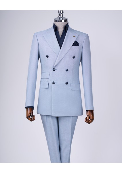 İtalyan Stil Slim Fit Erkek Kruvaze Ceket Pantolon Takım Elbise Mavi T12982 fırsatları