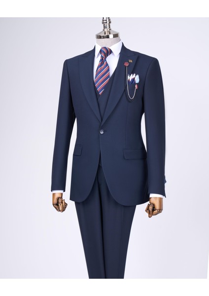 İtalyan Stil Slim Fit Erkek Ceket Yelek Pantolon Takım Elbise Lacivert T12994