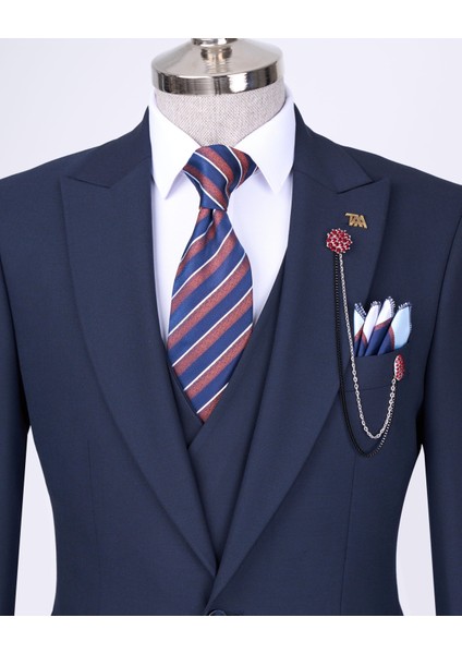 İtalyan Stil Slim Fit Erkek Ceket Yelek Pantolon Takım Elbise Lacivert T12994 fiyatları