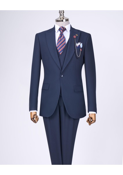İtalyan Stil Slim Fit Erkek Ceket Yelek Pantolon Takım Elbise Lacivert T12994 indirimleri