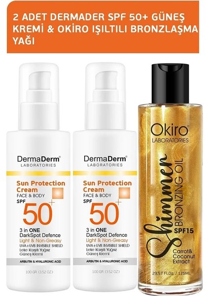 2 Adet SPF 50+ Güneş Kremi 2X100 ml Ve 1 Adet Okiro Shimmer Işıltılı Bronzlaşma Yağı 100 ml Set