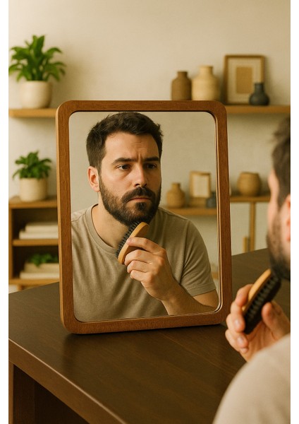 Estetik ve Minimalist Ahşap Makyaj Aynası, Masaüstü Ayna 25 x 35 cm