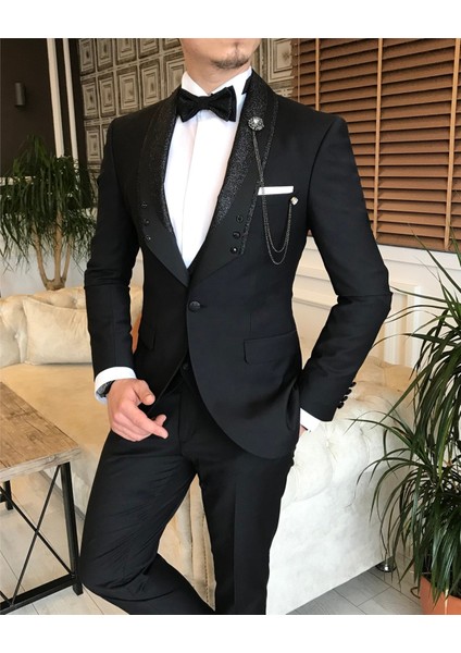 İtalyan kesim ceket yelek pantolon damatlık set Siyah T4913