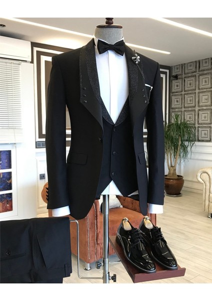İtalyan kesim ceket yelek pantolon damatlık set Siyah T4913 fiyatları