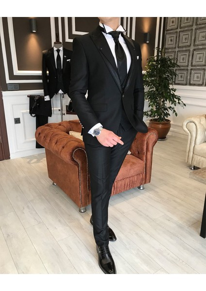İtalyan stil ceket yelek pantolon siyah armürlü damatlık set T3746