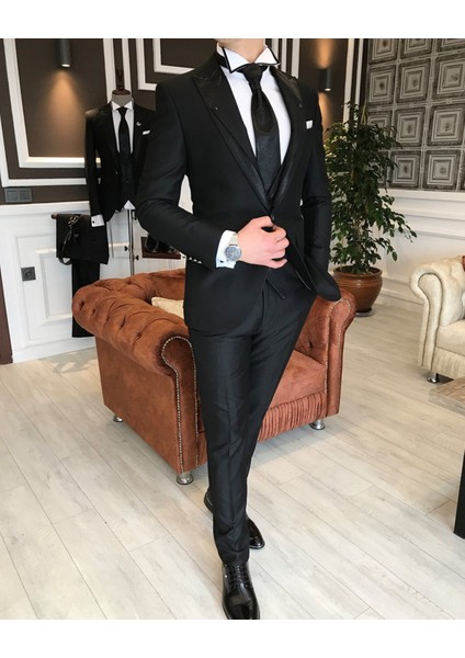 İtalyan stil ceket yelek pantolon siyah armürlü damatlık set T3746 fiyatları