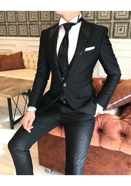 İtalyan stil ceket yelek pantolon siyah armürlü damatlık set T3746 modelleri