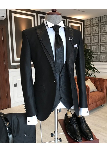 İtalyan stil ceket yelek pantolon siyah armürlü damatlık set T3746 fırsatları