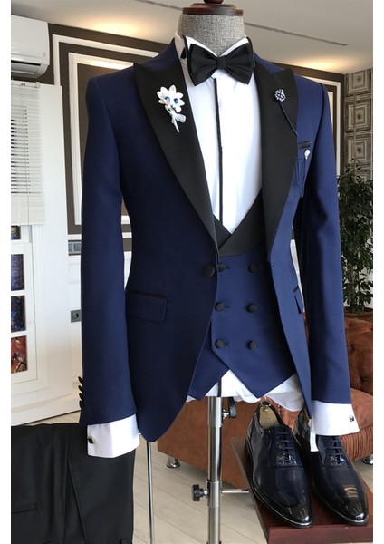 İtalyan Kesim Ceket Yelek Pantolon Lacivert Damatlık Set T3460 indirimleri