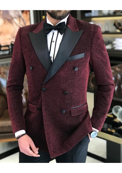 Italyan Kesim Erkek Ceket Pantolon Damatlık Set Bordo T7482
