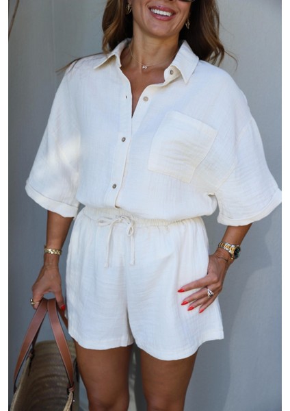 Natural Müslin Gömlek Şort Takım modelleri