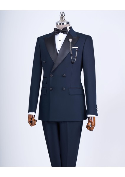 Italyan Kesim Slim Fit Kruvaze Ceket Pantolon Damatlık Set Lacivert T9215