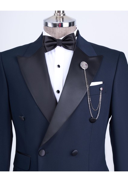 Italyan Kesim Slim Fit Kruvaze Ceket Pantolon Damatlık Set Lacivert T9215 fiyatları