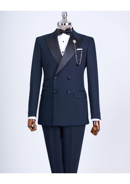 Italyan Kesim Slim Fit Kruvaze Ceket Pantolon Damatlık Set Lacivert T9215 indirimleri