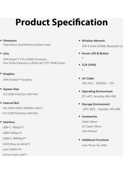 Eqr5 Amd Ryzen 5 5650U, 16GB Ddr4 Ram, 500GB Ssd,2xhdmı, 2xethernet,win 11 Pro Mini Pc (Bee-Eqr5-D4)