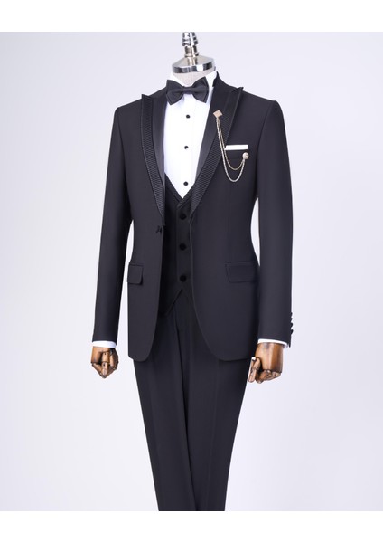 Italyan Stil Slim Fit Ceket Yelek Pantolon Damatlık Set Siyah T11776 fırsatları
